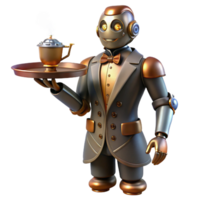 beautiful minimalist A steampunk robot butler holding a silver tray with a steaming cup of tea. The lighting is warm and inviting professional png