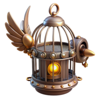 magnificent artistic A steampunk birdcage containing a mechanical bird with flapping wings. The lighting is warm and whimsical genuine png