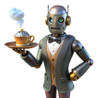 extraordinary classic A steampunk robot butler holding a silver tray with a steaming cup of tea. The lighting is warm and inviting 4K png
