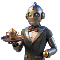 vibrant artistic A steampunk robot butler holding a silver tray with a steaming cup of tea. The lighting is warm and inviting high resolution png