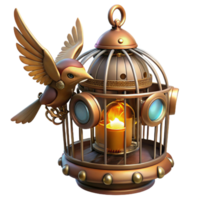 serene vintage A steampunk birdcage containing a mechanical bird with flapping wings. The lighting is warm and whimsical genuine png