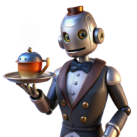 extraordinary creative A steampunk robot butler holding a silver tray with a steaming cup of tea. The lighting is warm and inviting exclusive png