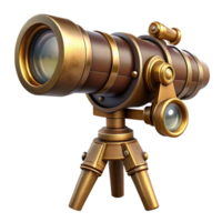 serene classic A steampunk telescope with brass lenses and a wooden tripod. The lighting is dim and mysterious high quality png