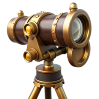 magnificent artistic A steampunk telescope with brass lenses and a wooden tripod. The lighting is dim and mysterious premium png