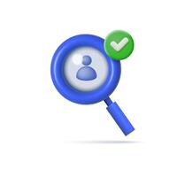 User profile symbol under magnifying glass with confirmation check mark. vector