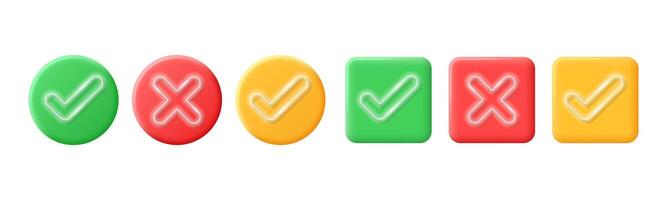 Realistic right and wrong buttons in 3D style with neon elements. Set of glossy round and square icons with a check mark, sign of the cross, symbols of acceptance, rejection. vector