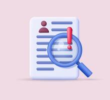 A document file and a magnifying glass with a warning exclamation mark. The concept of risk analysis, the resume of the client and finance. vector