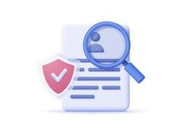 Document with shield under magnifying glass. 3d illustration. vector