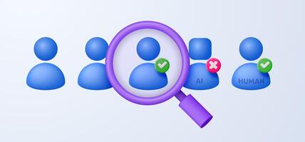 Symbols of a person under a magnifying glass. Concept of definition and search of differences of artificial intelligence from a person. 3d illustration. vector