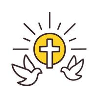 a cross and two doves are in front of a sun vector