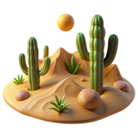 dramatic contemporary A desert landscape with cacti and sand dunes, harsh sunlight, realistic rendering high resolution png