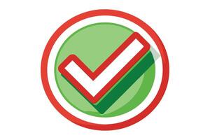 A bright green checkmark icon in a circle with red and green accents. vector