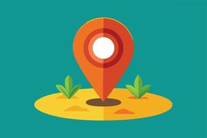 Simple, flat design graphic of a location pin on a sandy surface. vector