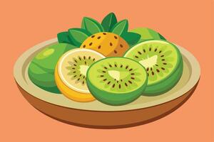 Colorful kiwi and citrus fruit slices arranged on a plate. vector