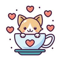 cute corgi in a cup of tea with hearts vector