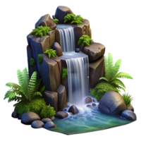 vibrant rustic A cascading waterfall tumbling over smooth, dark rocks, surrounded by lush green ferns, impressionist painting professional png
