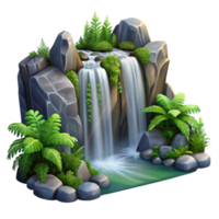 elegant classic A cascading waterfall tumbling over smooth, dark rocks, surrounded by lush green ferns, impressionist painting high resolution png