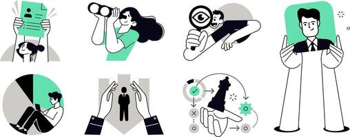 Set of people illustrations in various activities of employment, career, teamwork, job interview, improvement of business skills, management. vector