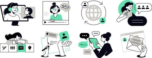 Human resources. illustrations of people in various activities of employment, career, teamwork, job interview, improvement of business skills, management. vector