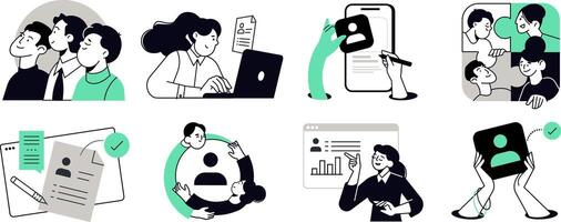 Set of people illustrations. concepts of human resources, employment, career, teamwork, job interview, improvement of business skills, management. vector