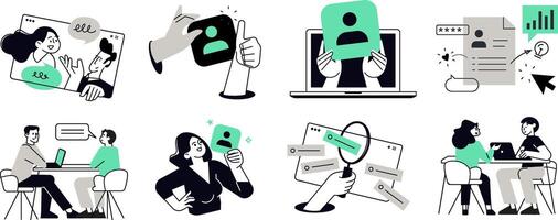 Human resources concept illustrations. Set of people illustrations in various activities of employment, career, teamwork, job interview, improvement of business skills, management. vector