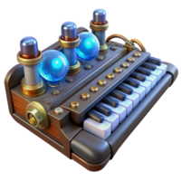 heiter abstrakt ein Nahansicht von ein Steampunk Tastatur mit Messing- Schlüssel und glühend Vakuum Rohre, beleuchtet durch ein cool Blau Licht, im ein Cyberpunk Stil 4k png