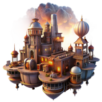 extraordinary contemporary A steampunk cityscape with towering clockwork buildings and flying machines, illuminated by a vibrant sunset, in a fantasy art style detailed png