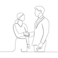 Business partners shaking hands one-line art drawing isolated on white background. vector