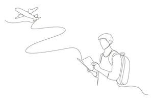 Man with backpack and map isolated line drawing. Travel concept hand-drawn illustration. vector