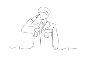 Hand-drawn soldier saluting continuous line art. vector