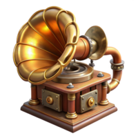 impressive minimalist A steampunk gramophone with a large brass horn and intricate gears, playing a record, lit by a warm, nostalgic light, in a vintage illustration style 4K png