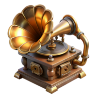 beautiful classic A steampunk gramophone with a large brass horn and intricate gears, playing a record, lit by a warm, nostalgic light, in a vintage illustration style genuine png