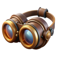 vibrant artistic A steampunk goggles with intricate lenses and adjustable straps, resting on a workbench, lit by a bright workshop light, in a realistic style high resolution png