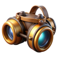 extraordinary artistic A steampunk goggles with intricate lenses and adjustable straps, resting on a workbench, lit by a bright workshop light, in a realistic style professional png