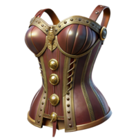 dramatic rustic A steampunk corset with intricate lacing and brass embellishments, displayed on a mannequin, lit by a soft, romantic light, in a fashion photography style genuine png