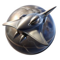 extraordinary abstract A sleek, chrome spaceship, shaped like a manta ray, descends towards a desolate, metallic planet. Harsh, contrasting lighting. Cyberpunk style exclusive png