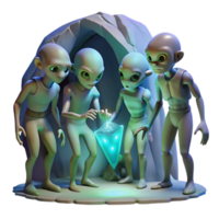 vibrant classic A group of alien explorers, with iridescent skin and multifaceted eyes, examine a strange artifact in a dimly lit cave. Mysterious, shadowy lighting. Fantasy art style genuine png