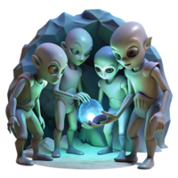 extraordinary vintage A group of alien explorers, with iridescent skin and multifaceted eyes, examine a strange artifact in a dimly lit cave. Mysterious, shadowy lighting. Fantasy art style premium png