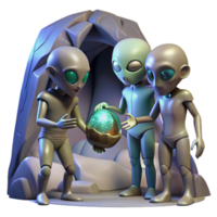 extraordinary minimalist A group of alien explorers, with iridescent skin and multifaceted eyes, examine a strange artifact in a dimly lit cave. Mysterious, shadowy lighting. Fantasy art style 4K png