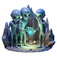 beautiful modern A group of alien explorers, with iridescent skin and multifaceted eyes, examine a strange artifact in a dimly lit cave. Mysterious, shadowy lighting. Fantasy art style original png