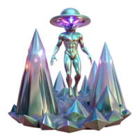 wonderful rustic A crystalline alien creature, with shimmering facets, levitates above a desolate, alien landscape. Iridescent, prismatic lighting. Abstract style genuine png