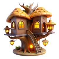 serene vintage A whimsical treehouse nestled in the branches of a giant, glowing tree, with intricate carvings and glowing windows. Warm lighting, fairytale style exclusive png