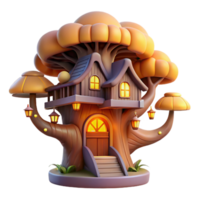 magnificent artistic A whimsical treehouse nestled in the branches of a giant, glowing tree, with intricate carvings and glowing windows. Warm lighting, fairytale style detailed png