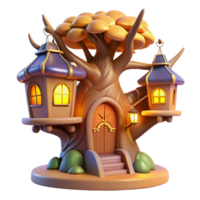 wonderful creative A whimsical treehouse nestled in the branches of a giant, glowing tree, with intricate carvings and glowing windows. Warm lighting, fairytale style professional png
