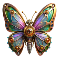 impressive vintage A steampunk inspired automaton in the form of a butterfly, intricate gears and clockwork wings, vibrant iridescent colors, dynamic lighting, art nouveau style genuine png