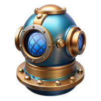 extraordinary abstract A steampunk inspired diver's helmet with intricate brass details and a large glass viewport, underwater scene visible within, cool, blue lighting, realistic style original png