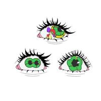 A set of three psychedelic stickers with green eyes, an eye with a liquid vibrating pupil, an eye with a split pupil, an eye with mushrooms inside vector