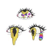 A set of three psychedelic stickers with yellow eyes, an eye with a leaking pupil, an eye with an iridescent tear, and an eye with mushrooms inside vector