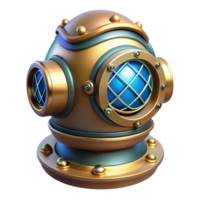 vibrant minimalist A steampunk inspired diver's helmet with intricate brass details and a large glass viewport, underwater scene visible within, cool, blue lighting, realistic style genuine png