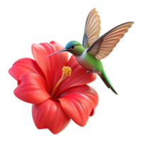 dramatic artistic A tiny hummingbird hovering over a vibrant red hibiscus flower, captured in sharp focus with a shallow depth of field, macro photography style genuine png